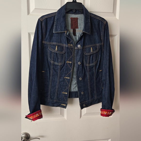 Lucky Brand Denim Jean Jacket with Embroidery Back & Leather Patch Women Size XL - Picture 3 of 7